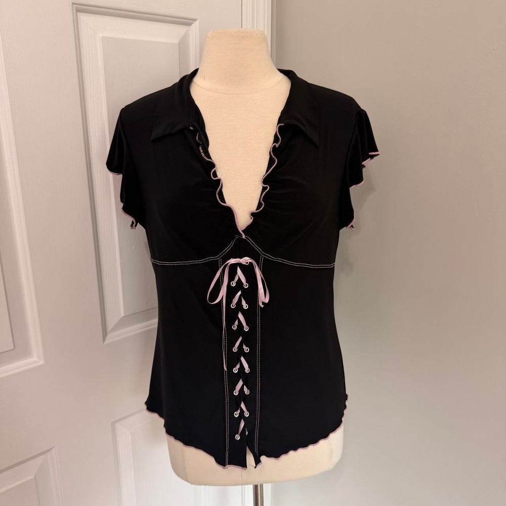 Y2K BLACK AND PINK EVOGUES CORSET BLOUSE TOP